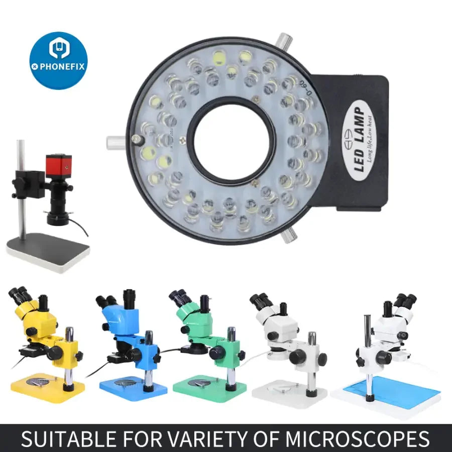 Anneau lumineux pour microscope PHONEFIX de 47 mm avec 40 LED, conçu pour les caméras industrielles afin de fournir un éclairage lumineux et uniforme.