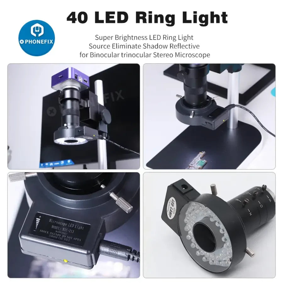 Anneau lumineux pour microscope Phonefix 47 mm avec 40 LED, idéal pour l'éclairage de caméras industrielles et les inspections rapprochées détaillées.