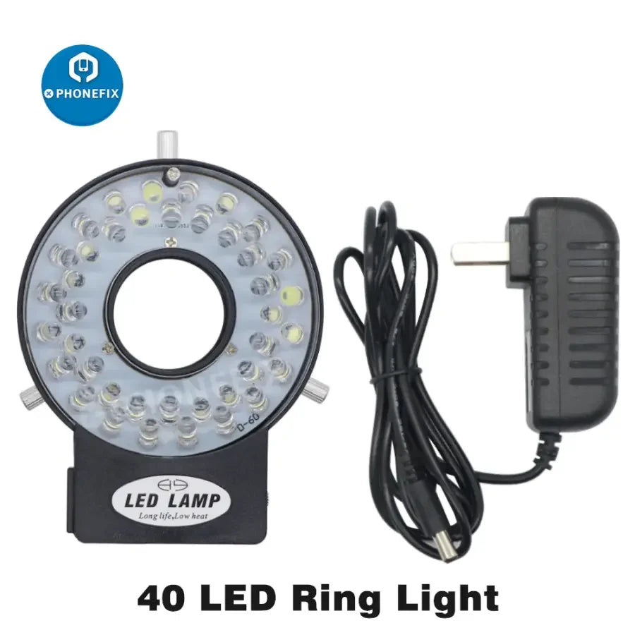 Anneau lumineux pour microscope PHONEFIX de 47 mm avec 40 LED, conçu pour l'éclairage de caméras industrielles et l'imagerie rapprochée détaillée.