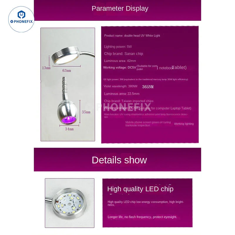 PHONEFIX 5V USB LED curing light ring lamp with dual tube UV for shadowless UV glue curing, compact and portable design