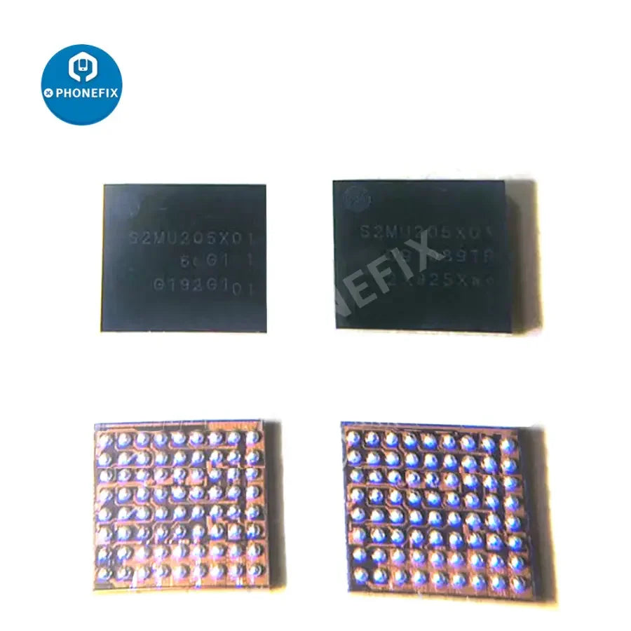 Samsung A10S charging charger IC MU205X01 from PHONEFIX, close-up of the small electronic component on a white background.