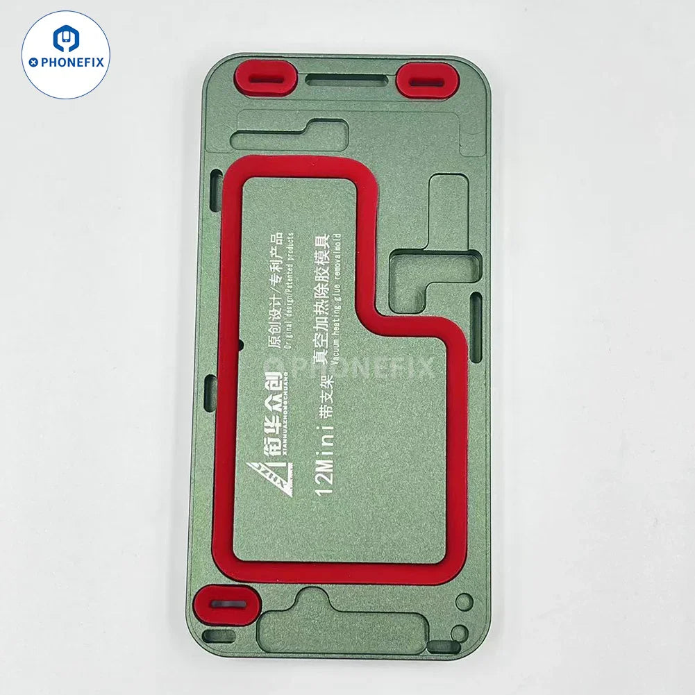 PHONEFIX iPhone 12-15 Pro Max screen alignment mold for vacuum heating glue removal, used for precise screen installation.