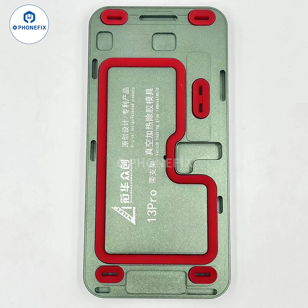 PHONEFIX iPhone 12-15 Pro Max screen alignment mold for vacuum heating glue removal, used for precise screen installation.