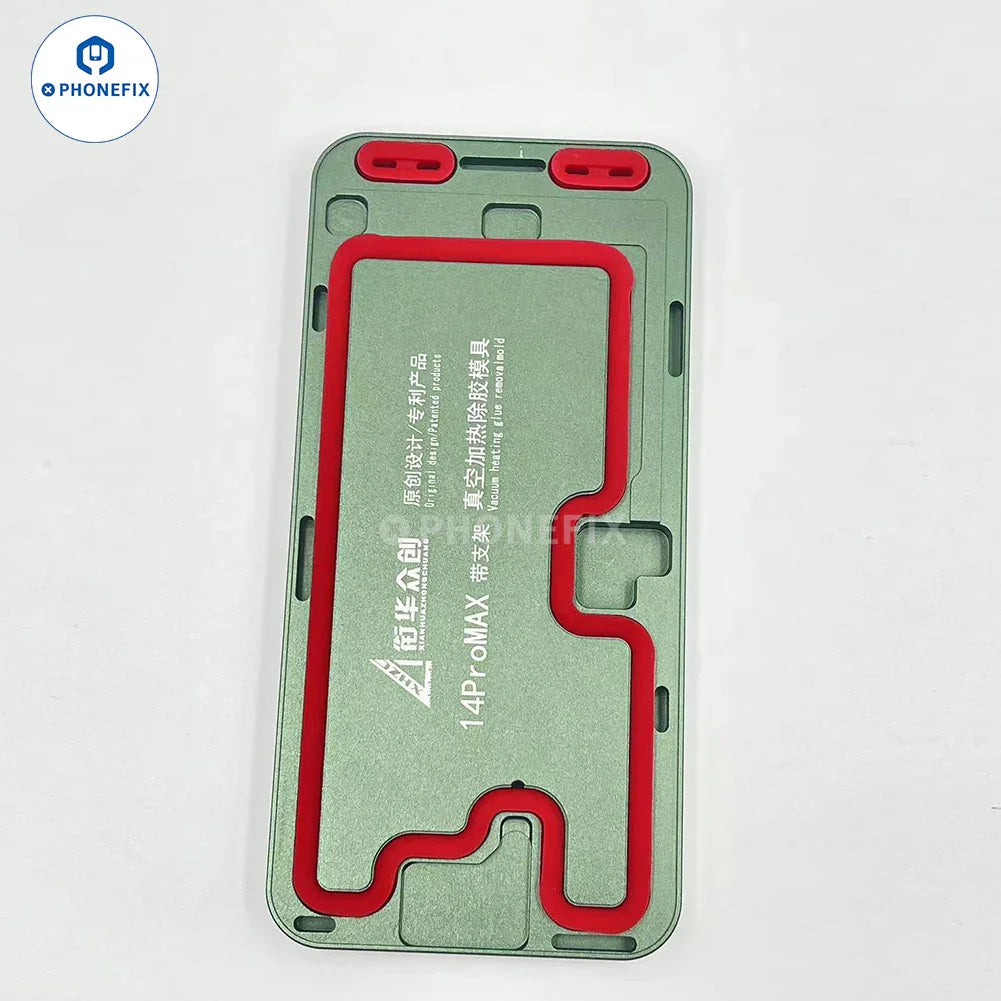 PHONEFIX iPhone 12-15 Pro Max screen alignment mold for vacuum heating glue removal, used for precise screen repair.