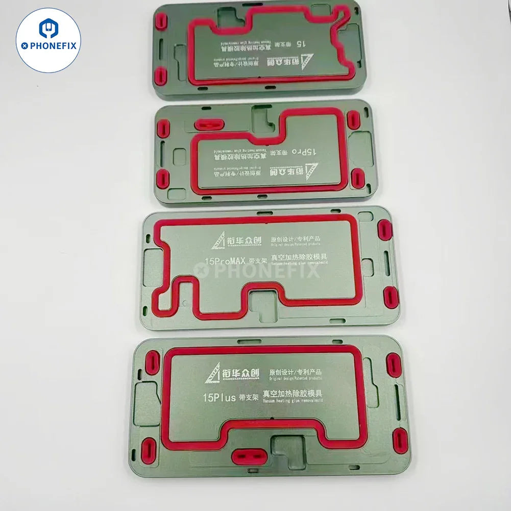 PHONEFIX iPhone 12-15 Pro Max screen alignment mold for vacuum heating glue removal, showing the plastic mold tool.