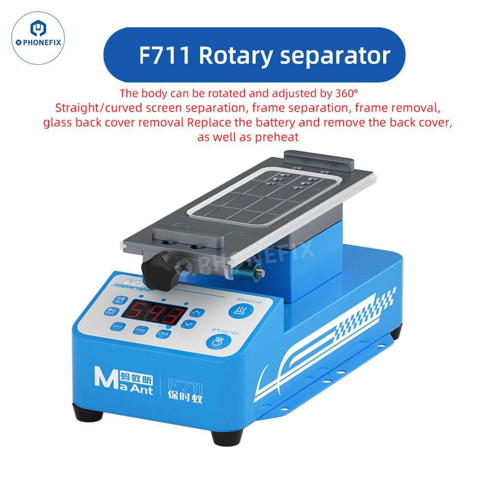 PHONEFIX MaAnt F711 F712 rotary heating separator for phone screen frame removal, showing the tool in use on a smartphone.