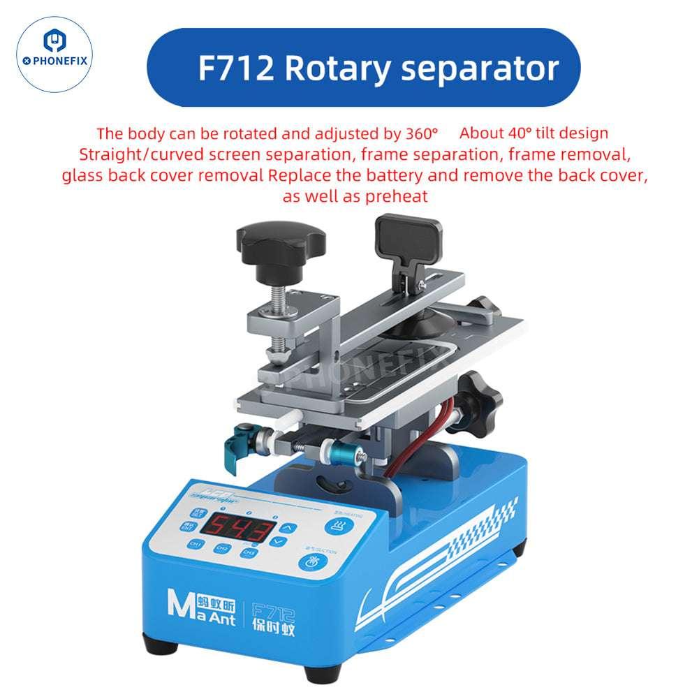 PhoneFix MaAnt F711 F712 rotary heating separator and screen frame remover for phone screens, showing the tool in use.