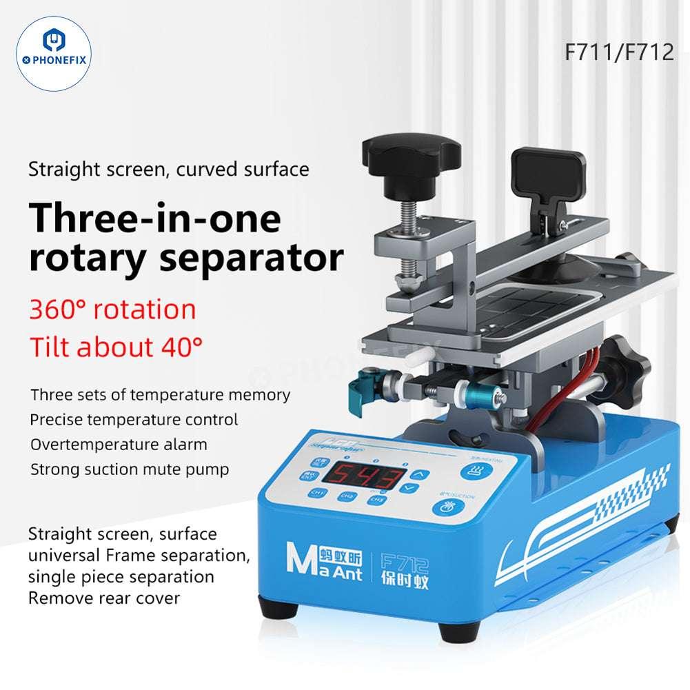 PhoneFix MaAnt F711 F712 rotary heating separator for phone screen frame removal, shown in use on a mobile device screen.