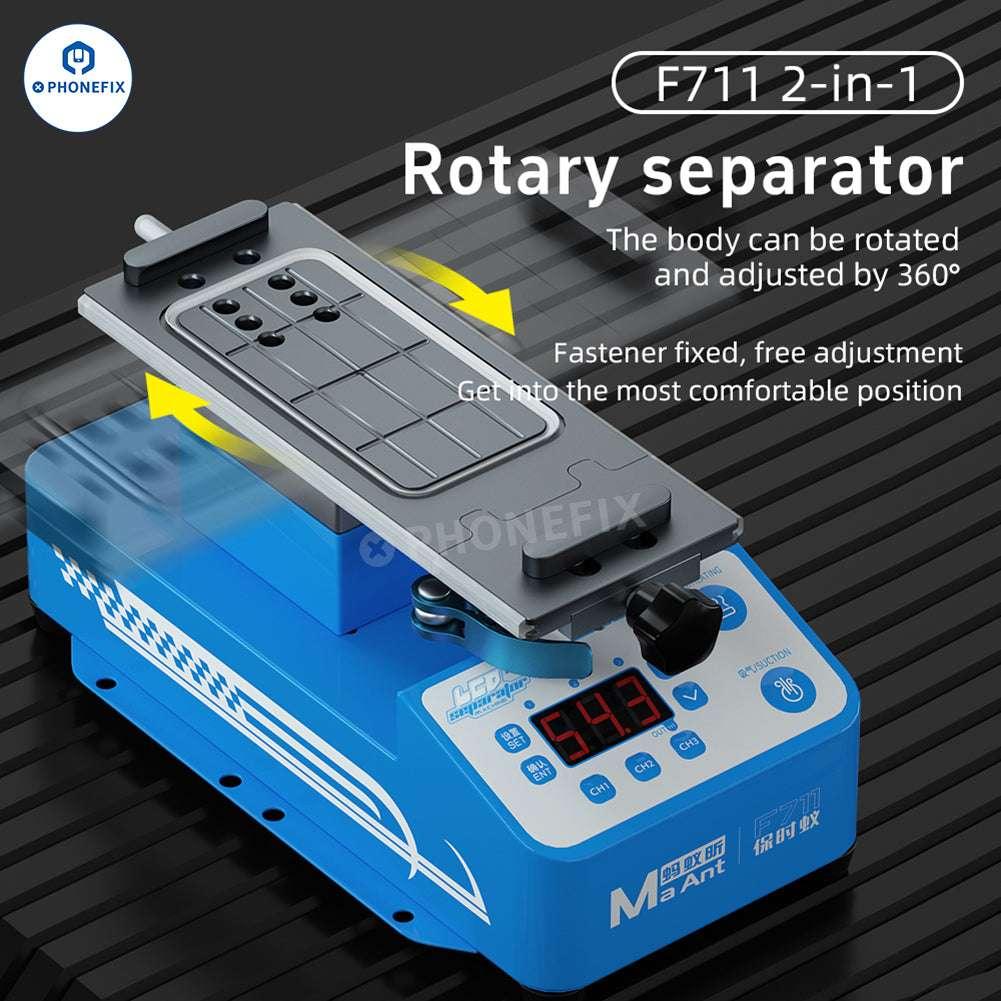 PHONEFIX MaAnt F711 F712 rotary heating separator for phone screen frame removal, shown in use with a smartphone screen.