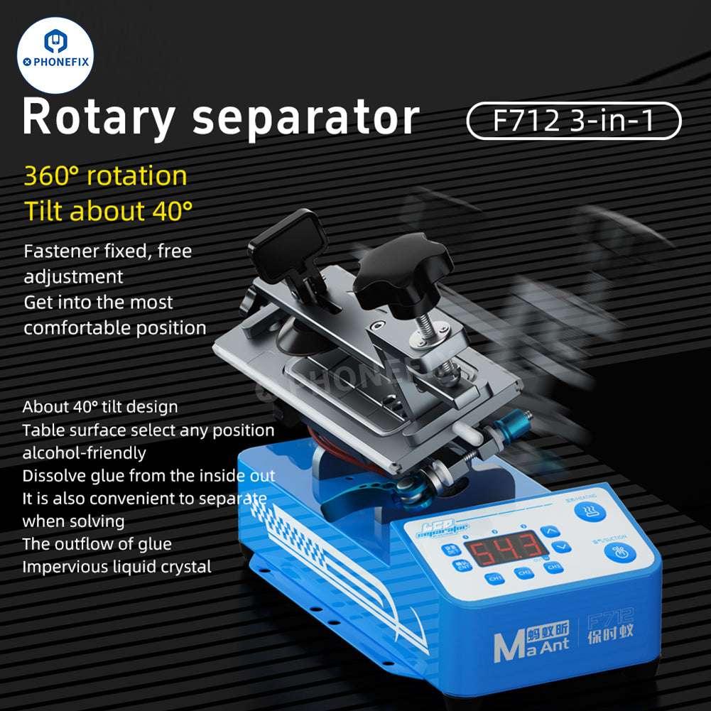 PHONEFIX MaAnt F711 F712 rotary heating separator for phone screen frame removal, showing the device and phone screen in use.