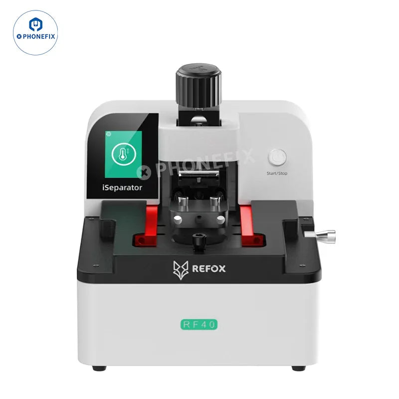 REFOX RF40 iSeparator for iPhone X-16 Pro Max screen separation, showing the screen frame separator device in use.