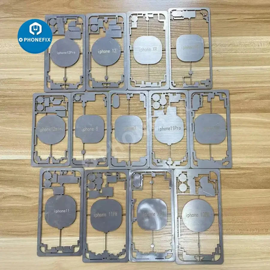PhoneFix back glass position mold for iPhone 8 Plus to iPhone 12 Pro Max laser machine, used for precise screen opening fixtures.