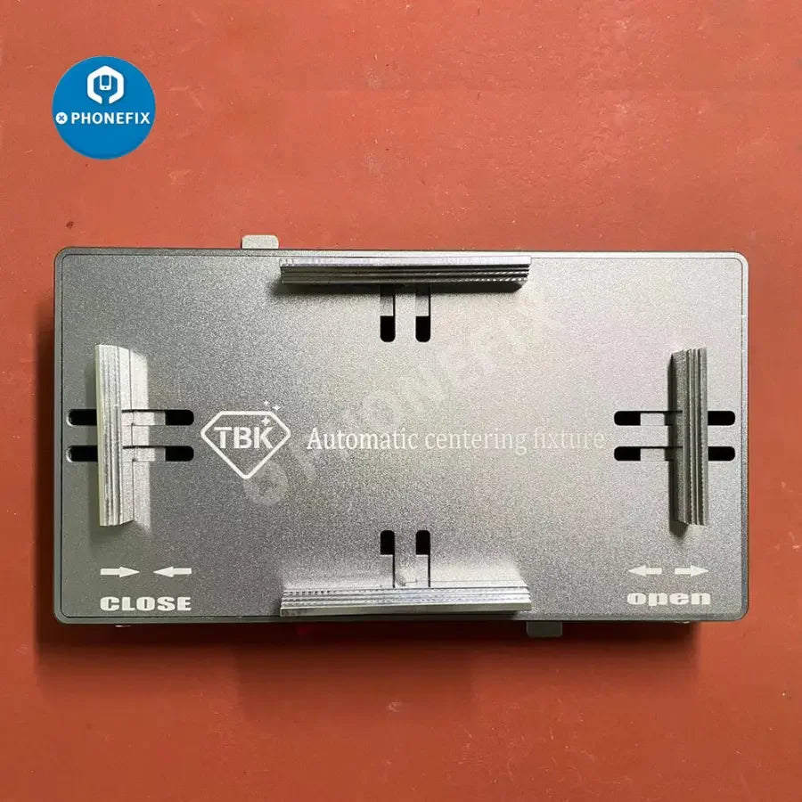 Auto alignment mold for iPhone 8P-12 Pro Max back glass installation, by PHONEFIX, used for precise screen opening and back glass positioning.