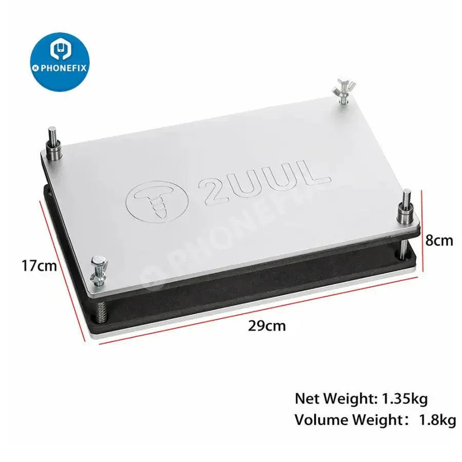 PHONEFIX 2UUL Universal Press Clamp for phone and tablet screen opening fixture, shows metal pressure clamp in use.