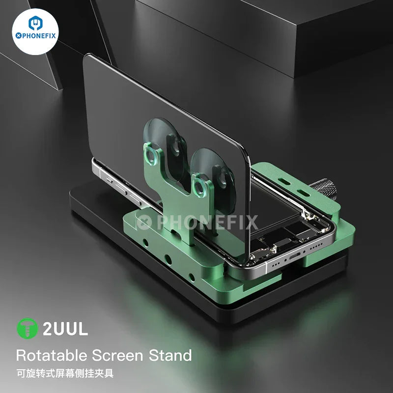 PHONEFIX 2UUL rotatable screen stand with LCD side hanging clamp fixture for secure, adjustable screen mounting.