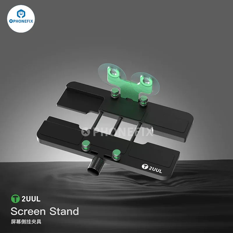 PHONEFIX 2UUL rotatable LCD screen stand with side hanging clamp fixture, showing adjustable screen opening mechanism and mounting clamp