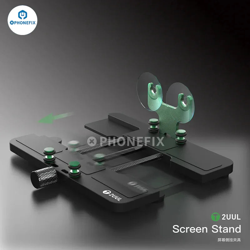 PHONEFIX 2UUL rotatable screen stand with LCD side hanging clamp fixture, adjustable for opening and repair work.