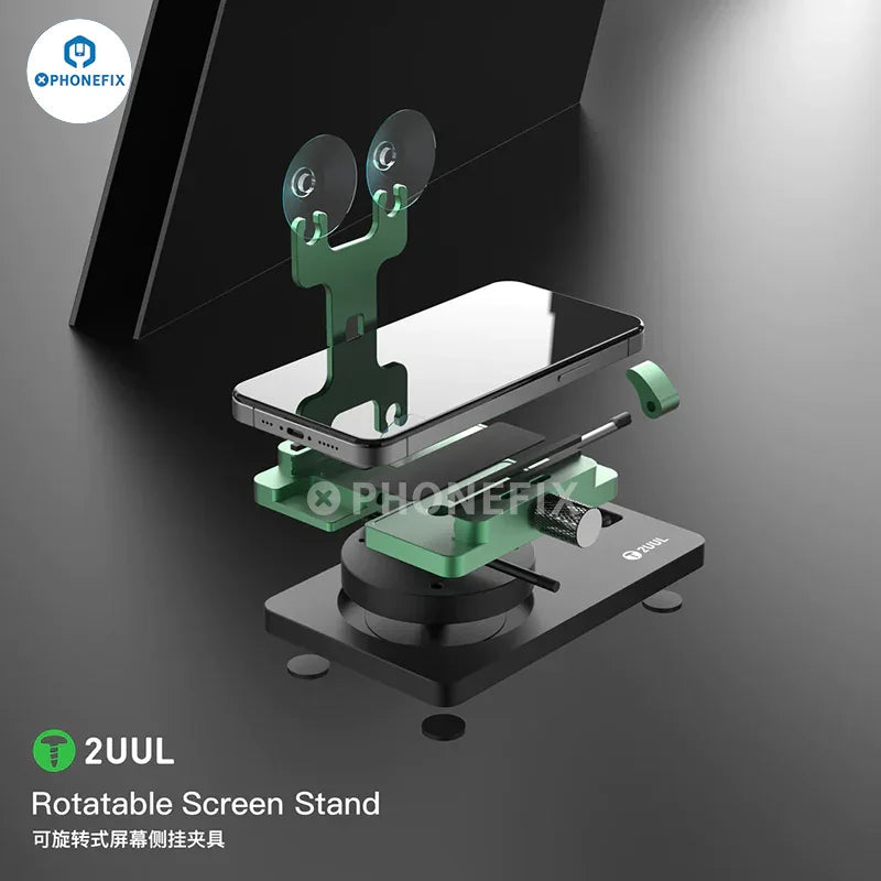 PhoneFix 2UUL rotatable LCD screen stand with side hanging clamp fixture for opening and repair of screens.
