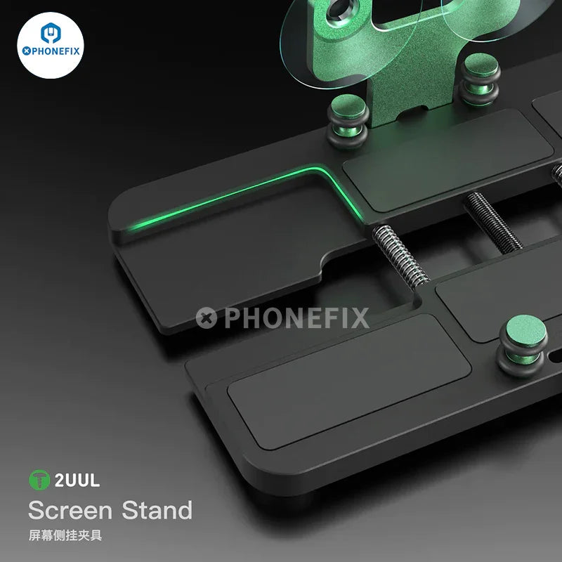 PHONEFIX 2UUL rotatable LCD screen stand with side hanging clamp fixture, used for screen opening and repair work.