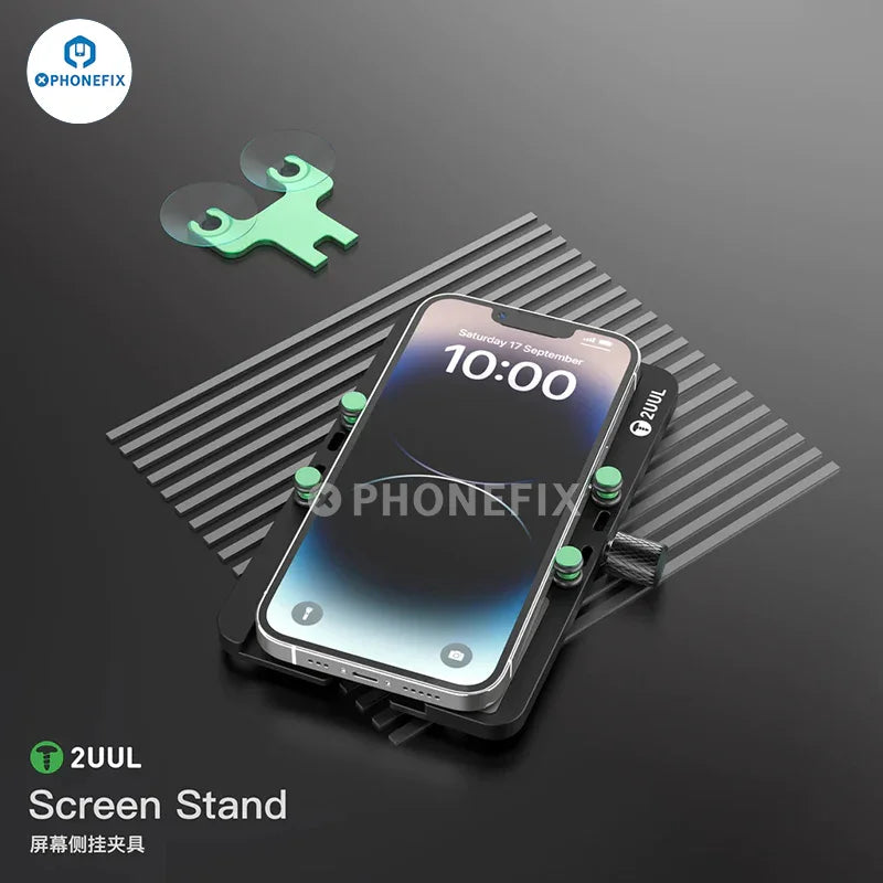 PHONEFIX 2UUL rotatable screen stand with LCD side hanging clamp fixture, showing adjustable mount and secure holding mechanism