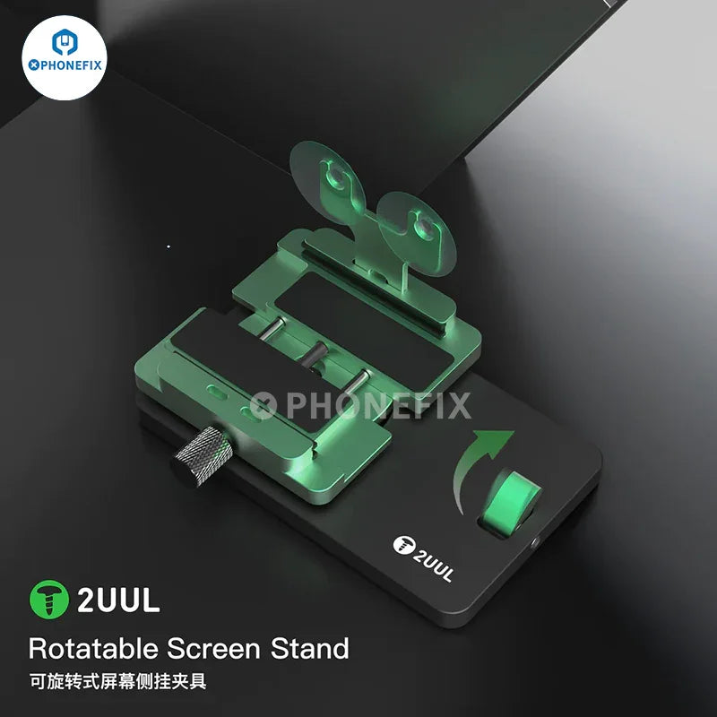 PHONEFIX 2UUL rotatable LCD screen stand with side hanging clamp fixture, designed for secure screen opening and repair.