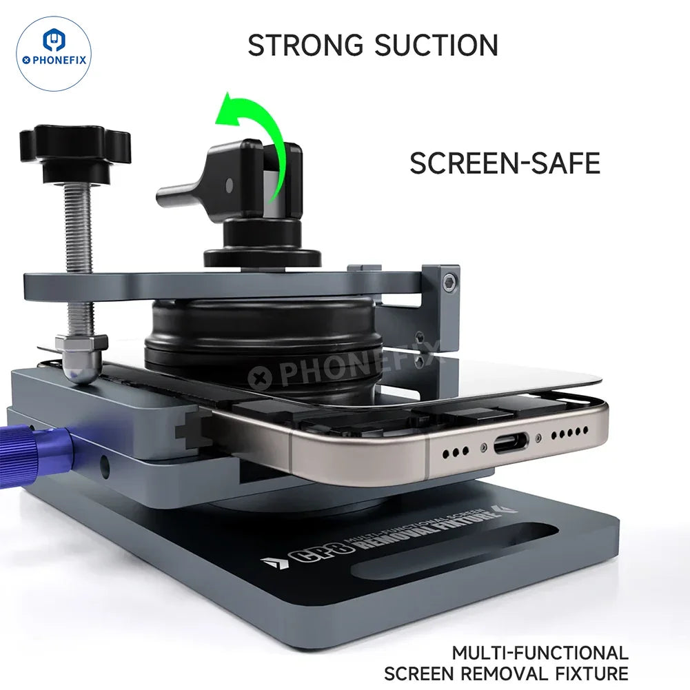 PhoneFix MECHANIC CP8 screen opening fixture for phone LCD removal and separation, used for precise screen repairs.