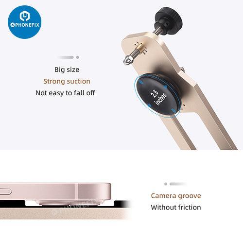 PHONEFIX RS50 phone screen opener clamp fixture holding glass for safe removal during screen replacement process.