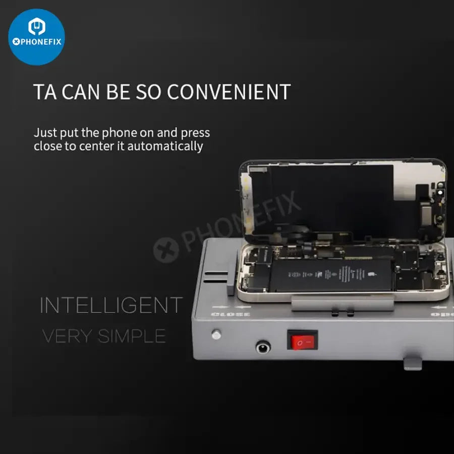 PhoneFix TBK 205 automatic centering fixture for screen opening, protective positioning mold for precise phone repair.