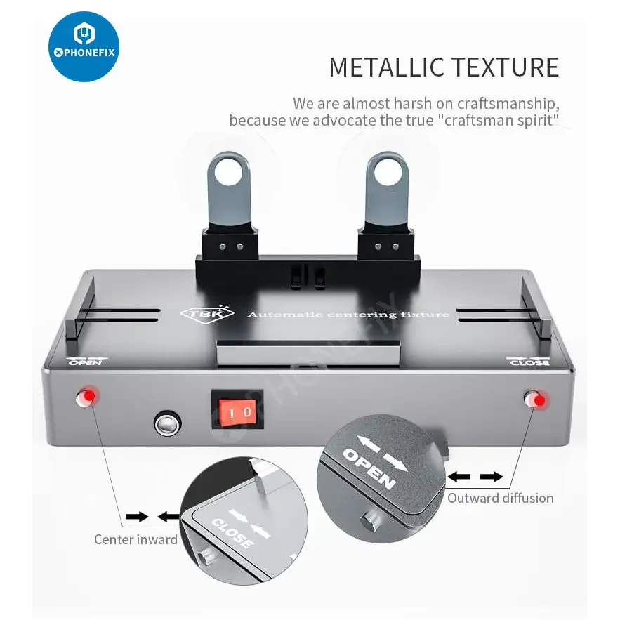 PhoneFix TBK 205 automatic centering fixture for screen opening, protective positioning mold used in phone repair.
