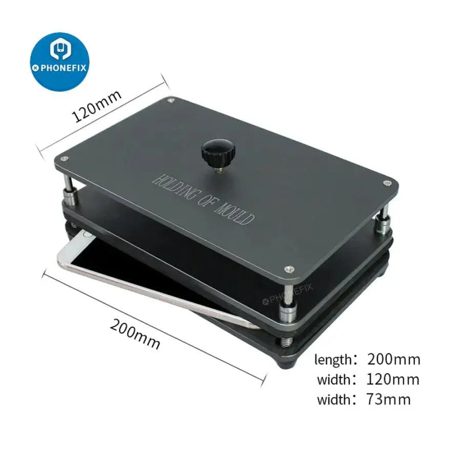Universal phone back cover alignment pressure mold for TBK laser machine by PHONEFIX, used for precise screen opening fixtures.