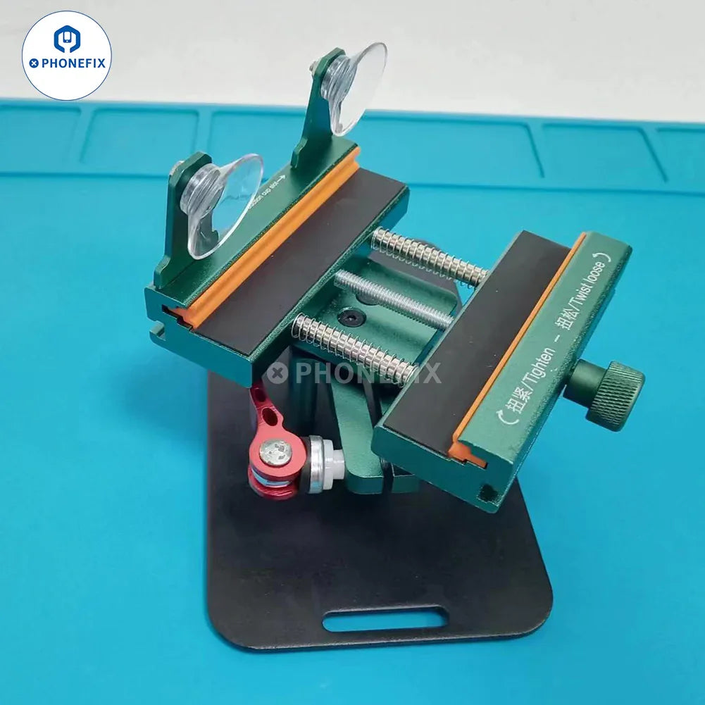 PHONEFIX universal H1 H2 rotatable holder fixture jig for iPhone back cover glass, shown holding the device securely during repair.