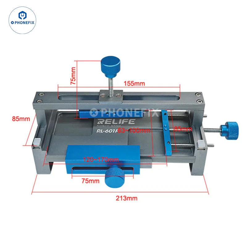 PhoneFIX screen opening fixture with clamp for removing LCD back cover glass from smartphones.
