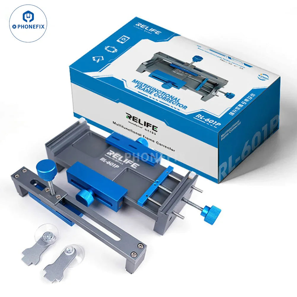 PhoneFIX LCD back cover glass removal clamp used as a screen opening fixture for phone frame correction and repair.