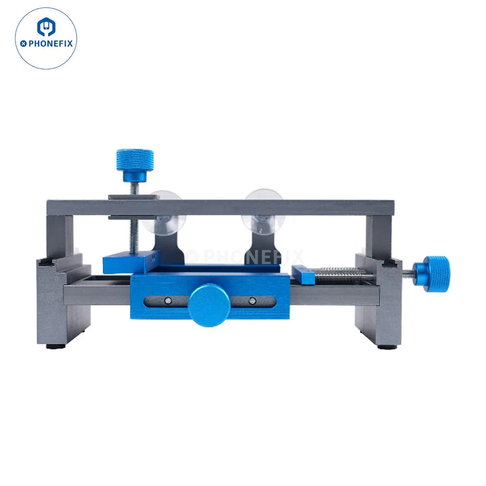 PhoneFIX screen opening fixture with clamp for removing LCD back cover glass on smartphones.