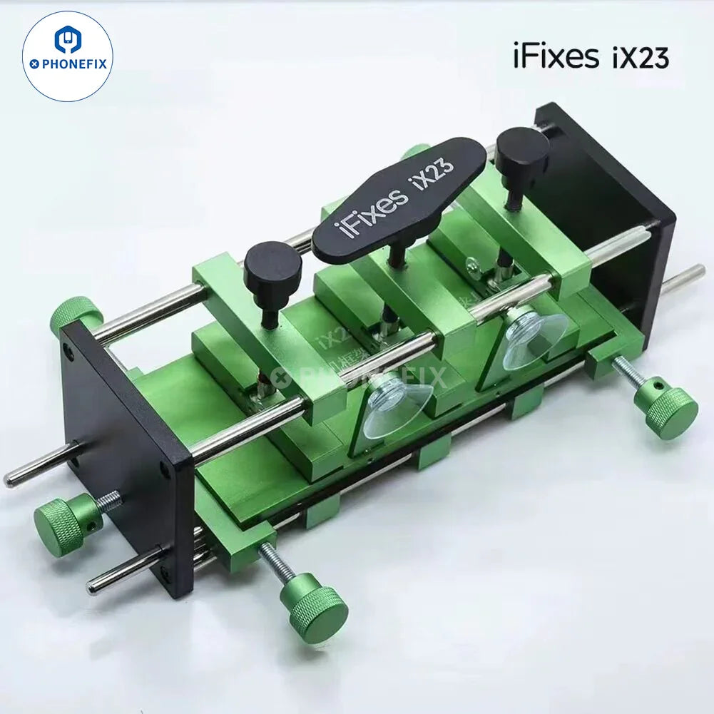 PhoneFIX screen opening fixture with clamp for removing LCD back cover glass from smartphones.