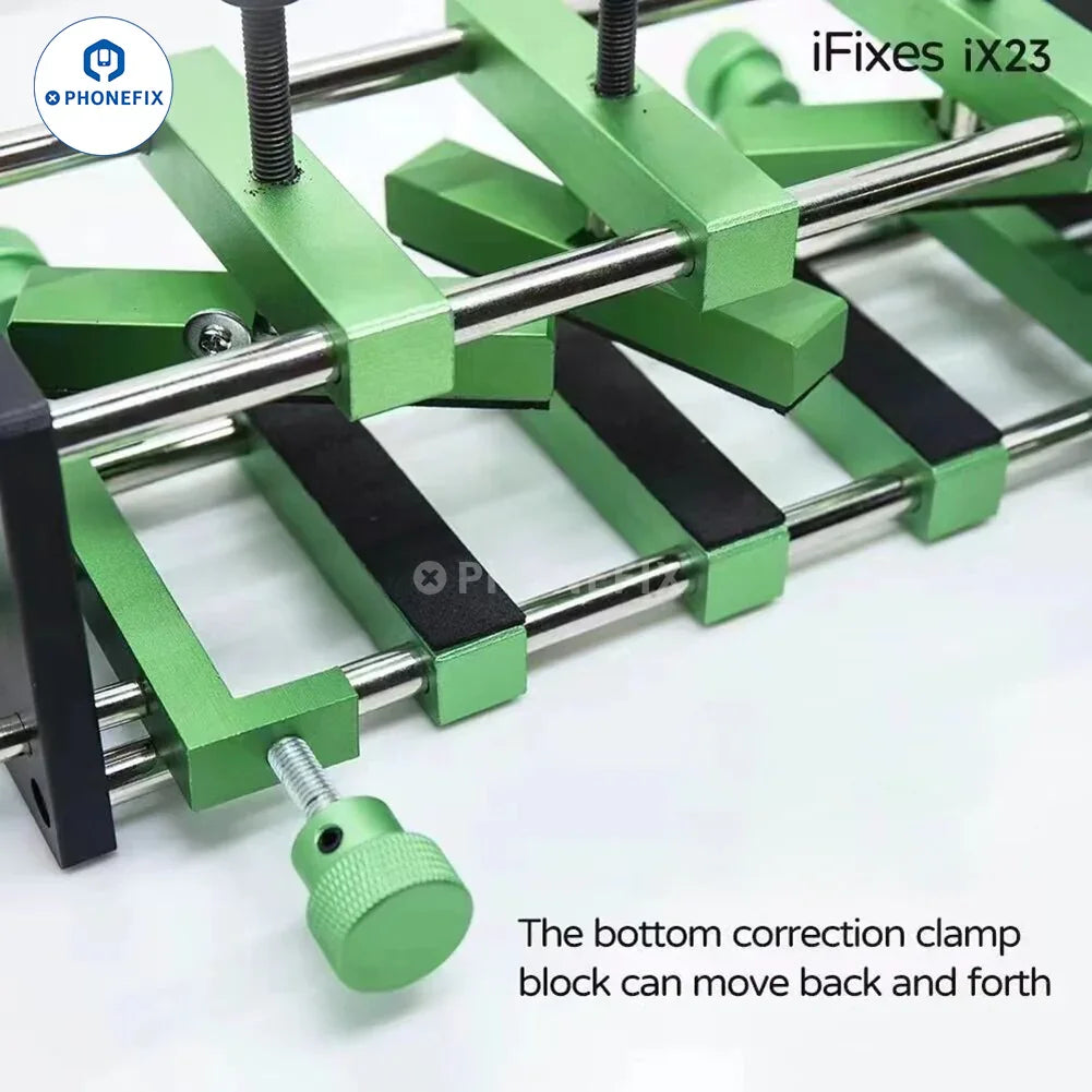 PhoneFIX screen opening fixture with clamp for removing LCD back cover glass on smartphones.