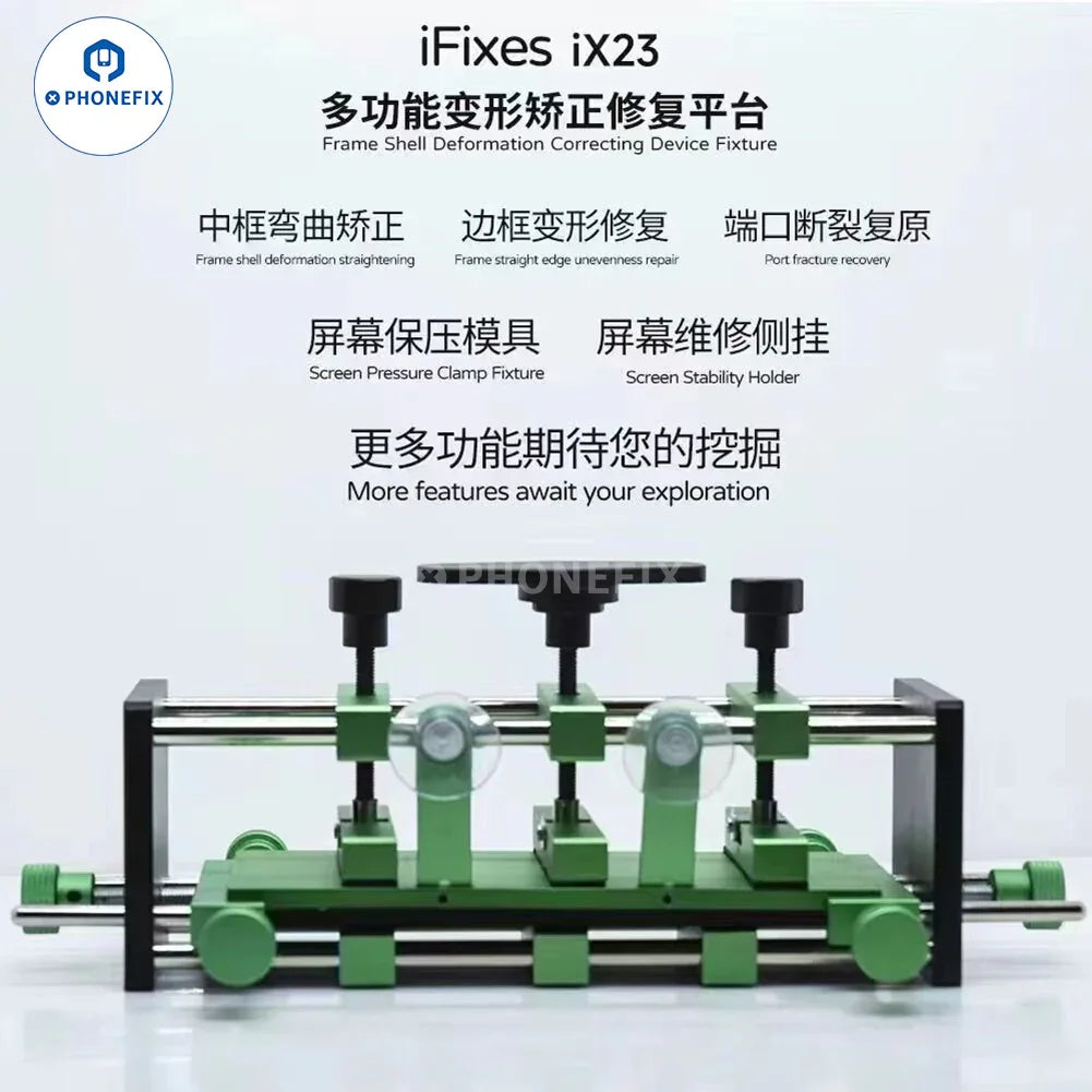 PhoneFIX screen opening fixture for LCD back cover glass removal, featuring a sturdy clamp for phone frame correction.