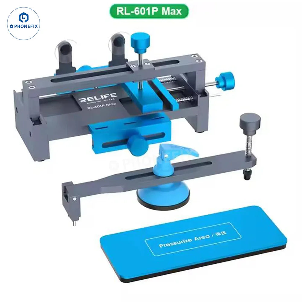 PhoneFIX screen opening fixture for LCD back cover glass removal, featuring a sturdy clamp for phone frame correction.