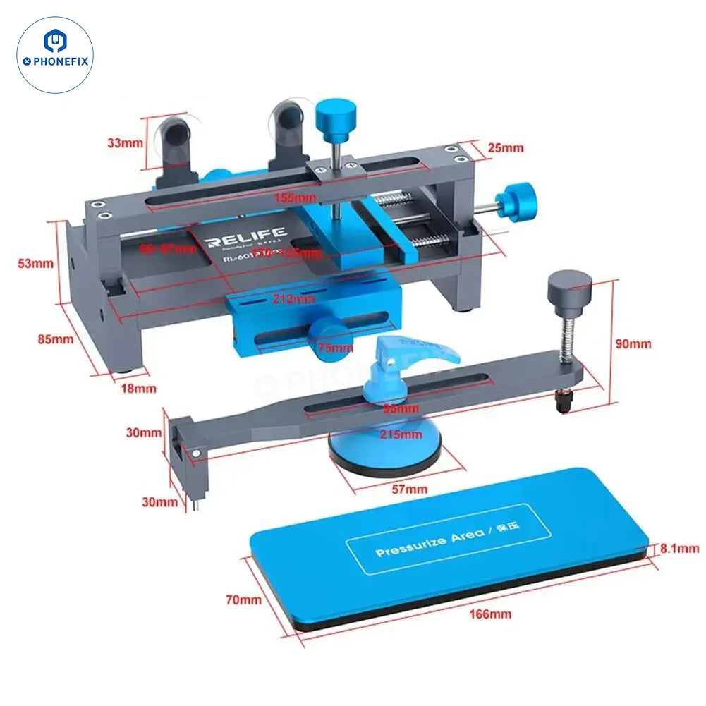 PHONEFIX screen opening fixture for phone frame correction and LCD back cover glass removal, with clamp for secure handling.