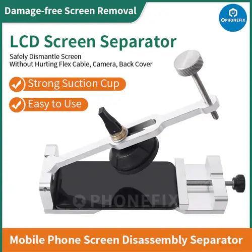 PHONEFIX non-heating screen separator fixture for iPhone and iPad LCD screen opening repair showing the device in use.