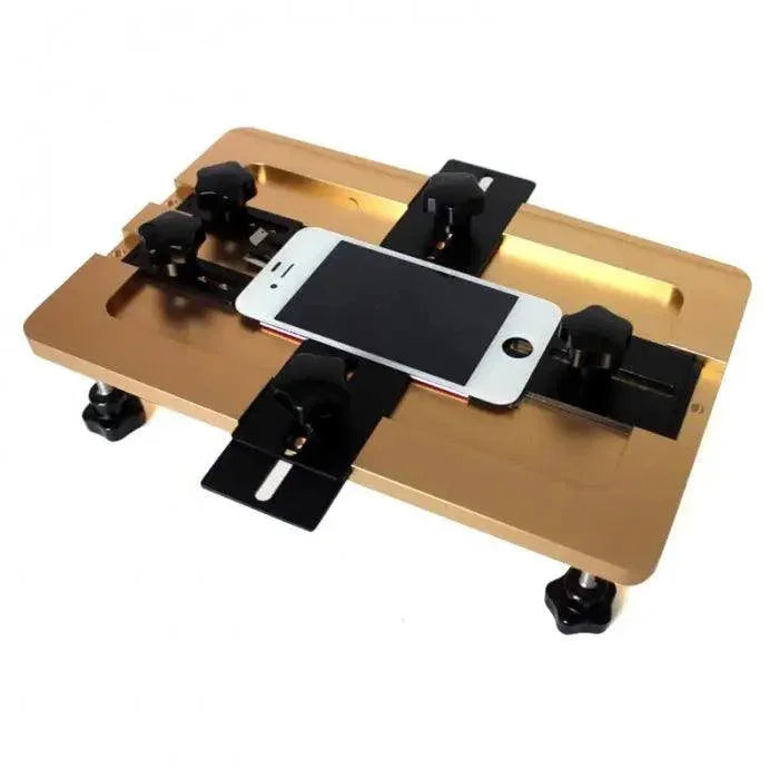 Aluminum LCD screen mold holder for phone LCD assembly, showing a sturdy fixture designed by PHONEFIX for precise screen opening.