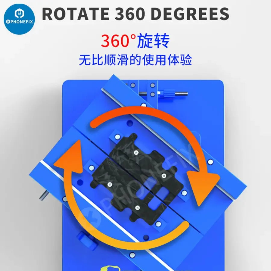 PhoneFix MECHANIC NP6 360° rotating fixture for glass back cover fixing, used as a screen opening fixture for smartphone repair.