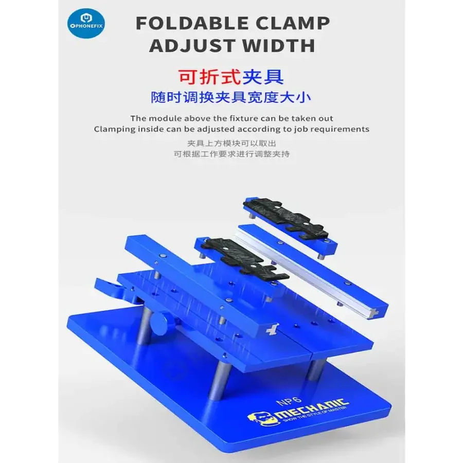 PhoneFix MECHANIC NP6 360° rotating screen opening fixture for fixing glass back covers, showing adjustable mechanism on a repair table.