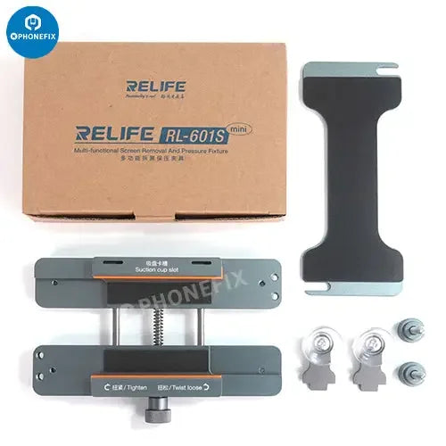 RELIFE RL-601S Mini Dismantling Screen Pressure Holding Fixture for phone screen opening, used by PHONEFIX for repair tasks