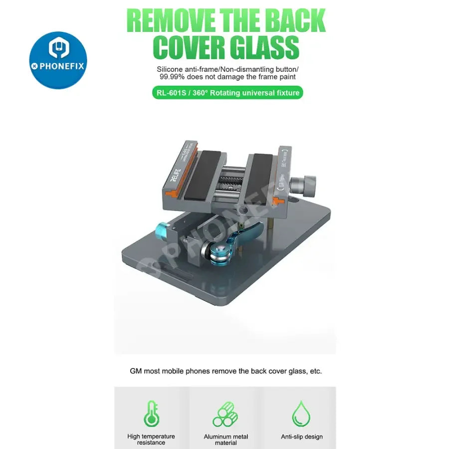 PHONEFIX RL-601S mobile phone rear glass cover removal tool with rotating fixture for screen opening and repair.