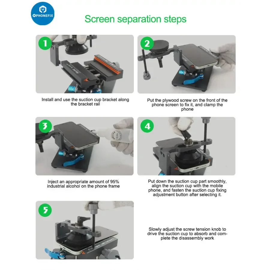 PHONEFIX RL-601S mobile phone rear glass cover removal tool with rotating fixture for screen opening and repair.