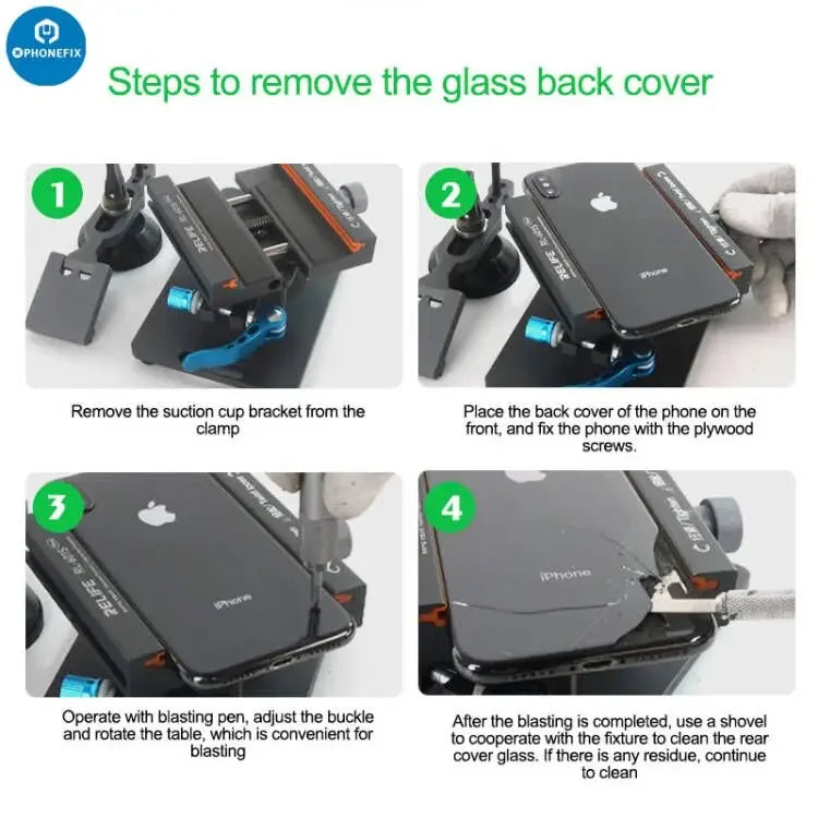 PHONEFIX RL-601S mobile phone rear glass cover removal tool with a rotating fixture for screen opening and glass replacement.
