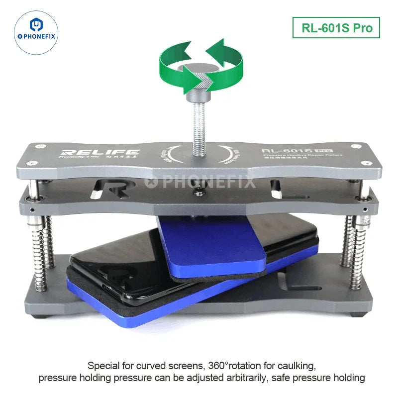 PHONEFIX RL-601S mobile phone rear glass cover removal tool with rotating fixture for screen opening and repair.