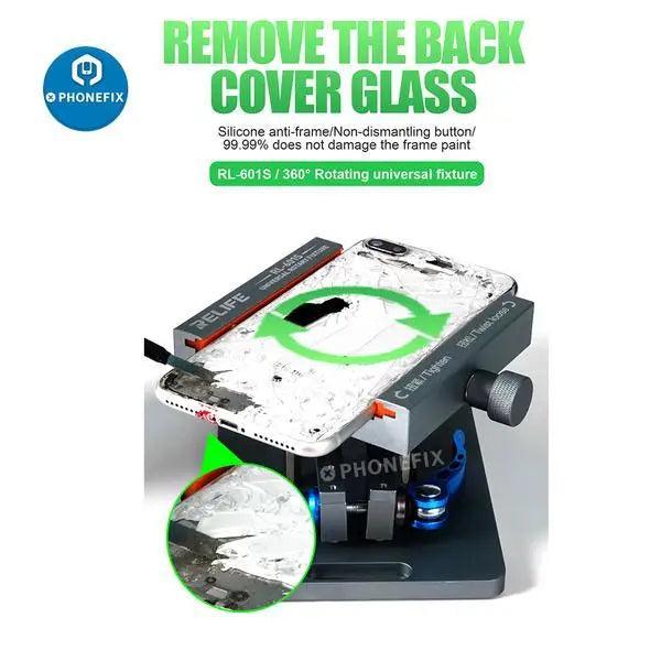 PHONEFIX universal iPhone back rear glass removing fixture, screen opening tool for easy iPhone back glass replacement.