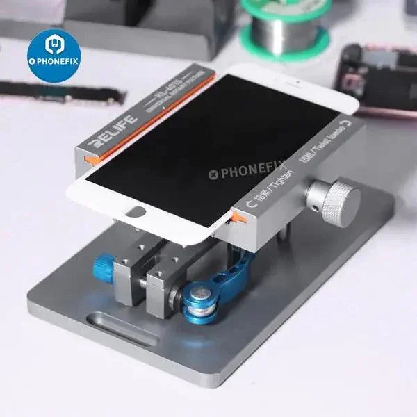 PHONEFIX universal holder fixture for iPhone rear glass removal, used for screen opening and back glass replacement.